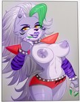 2023 5_fingers absurd_res animatronic anthro areola arm_warmers armor armwear big_breasts bottomwear breasts canid canine canis claws clothed clothing collar colored digital_media_(artwork) ear_piercing ear_ring female finger_claws fingers five_nights_at_freddy's five_nights_at_freddy's:_security_breach fur green_claws green_hair grey_body grey_fur grey_hair hair hi_res hotpants lips lipstick long_hair looking_at_viewer machine makeup mammal navel nipples open_mouth open_smile pauldron piercing purple_areola purple_lips purple_lipstick purple_nipples ring_piercing robot roxanne_wolf scottgames shorts simple_background small_waist smile solo spiked_collar spiked_waistband spiked_wristband spikes standing steel_wool_studios tail teeth tongue topless wide_hips wolf wristband yellow_eyes zexlynk