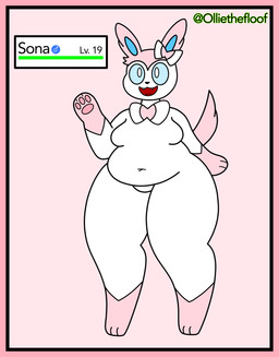 anthro anthrofied belly big_belly border cute_fangs fangs fur gameplay_mechanics gender_symbol gui health_bar level_number male male_symbol moobs multicolored_body multicolored_fur number overweight overweight_anthro overweight_male pink_border pokemorph slightly_chubby solo symbol teeth thick_thighs white_body oliverthefloof nintendo pokemon sona_(oliverthefloof) eeveelution generation_6_pokemon pokemon_(species) sylveon absurd_res hi_res