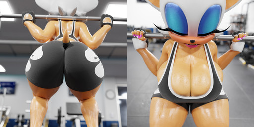 anthro athletic_wear big_breasts big_butt blue_eyeshadow blurred_background bodily_fluids bottomwear bra breast_focus breasts butt butt_focus cleavage clothed clothing colored_nails detailed_background exercise eyelashes eyes_closed eyeshadow fangs female fingerless_gloves fingernails floral_pattern front_view glistening glistening_body glistening_skin gloves gym gym_bottomwear gym_shorts hair hairless_body handwear huge_breasts leaning leaning_forward lips makeup nails pink_fingernails pink_lips pink_nails rear_view shorts solo sports_bra sweat teeth thick_thighs underwear weightlifting white_face white_hair workout lpyro9 nottanj_(modeler) sega sonic_the_hedgehog_(series) rouge_the_bat bat mammal 2024 2:1 3d_(artwork) absurd_res digital_media_(artwork) hi_res