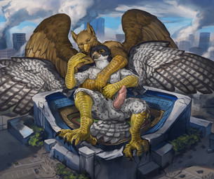4_toes 5_fingers abs anthro balls beak biceps brown_body brown_fur building building_destruction city city_background city_destruction cityscape claws destruction duo erection extreme_size_difference feathered_wings feathers feet finger_claws fingers fur genitals hair house hug macro macro_anthro macro_male male muscular muscular_anthro muscular_male nude outside paws pecs penile penis plant rampage size_difference sky smile stadium tail toe_claws toes white_body wings elkaart mythology carpo corvidius_(character) avian bird falcon falconid gryphon mythological_avian mythological_creature hi_res
