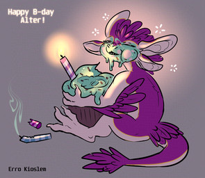 anthro birthday birthday_cake cake candle candlelight dessert food gradient_background half-closed_eyes hug hugging_object icing light male narrowed_eyes open_mouth simple_background solo sprinkles sprinkles_on_face three-quarter_view errokioslem avali adversarial_noise full-length_portrait hi_res portrait