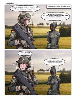 2_panel_comic armor belt belt_pouch black_body blush chuckling clothed clothing dialogue duo exhaling fanning fanning_self female flag fully_clothed g11 german german_flag germany gloves green_eyes gun hands_behind_back handwear headgear helmet holding_object machine male male/female military onomatopoeia pouch_(clothing) ranged_weapon red_eyes rifle screen screen_eyes screen_face sigh sound_effects standing text topwear vest weapon warjenkins human humanoid mammal robot robot_humanoid 2025 absurd_res comic digital_media_(artwork) english_text german_text hi_res translated