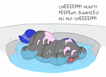 ambiguous_feral ambiguous_gender animal_noises baby_talk bathing blue_hair blue_tail chirping dialogue eyes_closed featureless_hands feral fur grey_body grey_fur hair lying monotone_body monotone_fur on_front open_mouth pain pained_expression partially_submerged simple_background soap solo struggling tail text water young young_ambiguous young_feral carpdime fluffy_pony fluffy_pony_(species) mammal digital_media_(artwork) english_text flat_colors