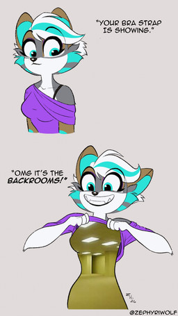 anthro brown_body brown_fur cheek_tuft clothed clothing clothing_lift dialogue facial_tuft female fur green_body green_fur green_highlights grey_body grey_fur grin hair highlights_(coloring) humor multicolored_body multicolored_fur shirt shirt_lift smile solo speech_bubble text topwear tuft white_hair wide_eyed zephyriwolf bra_strap_showing_(meme) the_backrooms zephyri_q_wolf canid canine canis mammal wolf absurd_res english_text hi_res meme