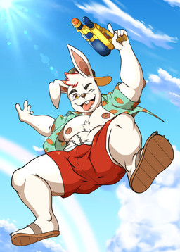 aloha_shirt backwards_cap carrot claws clothing food footwear fur jumping light low-angle_view male midair nipples pattern_clothing pattern_shirt pattern_topwear plant sandals shirt shoes sunlight swimming_trunks swimwear toe_claws topwear toy toy_gun vegetable water_gun white_body white_fur shishibro rock_e_rumble super_soaker rocky_nabba lagomorph leporid mammal rabbit 2025 absurd_res hi_res