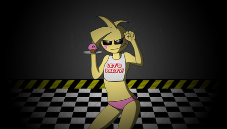 anthro beakless bib black_eyes checkered checkered_floor clothing dark female floor machine panties solo text tile tile_floor underwear themann five_nights_at_freddy's five_nights_at_freddy's_2 scottgames toy_chica_(fnaf) animatronic avian bird chicken galliform phasianid robot absurd_res hi_res