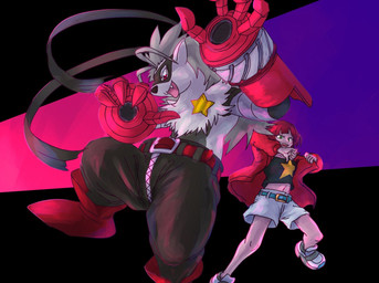 anthro bottomwear clothing cybernetics duo female fur grey_body grey_fur hair jacket machine mask mechanical_arm neck_tuft pants red_hair shorts topwear tuft ekumon bandai_namco digimon reina_sakuya cyborg digimon_(species) human mammal wolvermon