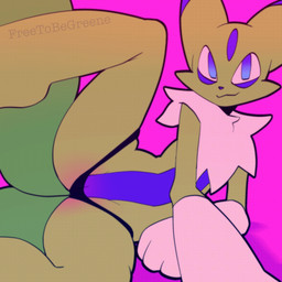 2_tails anthro barely_visible_genitalia barely_visible_vulva belly black_clothing black_panties black_underwear blue_eyes chest_tuft clothing female fur genitals green_body green_fur lying multi_tail multicolored_body multicolored_fur on_side panties pink_background purple_belly purple_body purple_eyelids purple_fur raised_leg simple_background smile solo tail text tuft underwear vulva freetobegreene canid canine fox mammal 1:1 2020 archived_source artist_name digital_media_(artwork) hi_res
