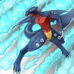 abstract_background anthro biped claws fight male open_mouth simple_background solo standing tail teeth yellow_eyes biri riot41 nintendo pokemon garchomp generation_4_pokemon pokemon_(species) 1:1