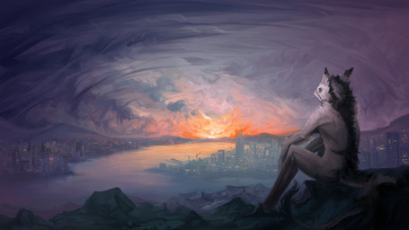 anthro black_body black_fur city city_background cityscape cloud detailed_background fur light looking_back male melancholic sitting sky skyscape solo sun sunlight sunset white_body white_fur drunk_ferret sergal absurd_res hi_res