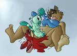 antennae_(anatomy) anthro black_eyes blue_body blue_fur brown_body brown_fur feet fingers fur green_body green_fur group group_sex humming inner_ear_fluff licking long_ears male male/male multi_arm multi_limb multicolored_body multicolored_fur notched_ear orgy pawpads red_body red_fur sex toes tongue tongue_out tuft salmacisreptile disney lilo_and_stitch leroy_(lilo_and_stitch) stitch_(lilo_and_stitch) yaarp alien experiment_(lilo_and_stitch) mammal procyonid raccoon 2010