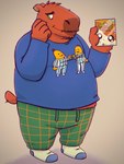 anthro bottomwear brown_body clothing green_eyes humanoid_hands male overweight overweight_male pajama_pants pajama_shirt pants shirt simple_background solo topwear rolandvz bananas_in_pyjamas hamtaro_(series) hamtaro capybara caviid mammal rodent 2022 hi_res signature