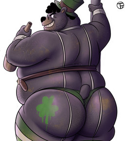 alcohol anthro beverage black_hair bodypaint butt eyewear facial_hair glasses hair holidays looking_back male mostly_nude overweight overweight_anthro overweight_male pole simple_background solo stripper_pole trashtoonz st._patrick's_day steve_jovonovich bear mammal absurd_res hi_res