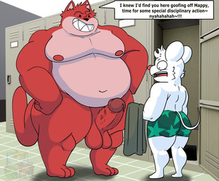anthro balls belly big_belly black_text dialogue duo erection genitals glans male male/male moobs navel nipples nude overweight overweight_male penis red_body size_difference speech_bubble surprised tail text white_body oceanrockz mappy goro_(mappy) mappy_(character) domestic_cat felid feline felis mammal mouse murid murine rodent 2026 english_text hi_res