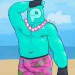 1:1 blue_body clothing epic_games fingerless_gloves fortnite gloves goo_creature goo_humanoid handwear hi_res humanoid lei liquid male muscular navel nipples palister35 rippley_(fortnite) shirtless_male solo swimwear