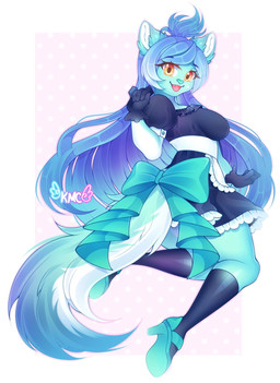 anthro blue_body blue_fur blue_hair breasts butt butt_pose clothing female fur hair long_hair maid_uniform pose ribbons smile solo uniform yellow_eyes mokochii domestic_cat felid feline felis mammal hi_res source_request unavailable_at_source