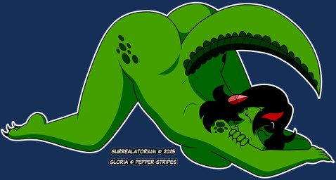 anthro ass_up big_breasts big_butt black_hair breast_squish breasts butt claws eyes_closed female green_body green_scales hair nude nude_female plantigrade pose scales smile solo squish thick_thighs toe_claws wide_hips surrealatorium gloria_(pepper-stripes) alligator alligatorid crocodilian reptile scalie 2025 absurd_res alpha_channel hi_res