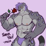 abs anthro barazoku biceps blushing_profusely clothing flower hair male muscular nipples pecs plant purple_clothing purple_hair purple_underwear romantic rose_(flower) shy smile solo underwear freyadraws ja'aran_(sona) felid mammal pantherine snow_leopard 1:1 hi_res