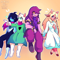 3_toes 5_fingers anthro antlers barefoot biped blue_eyes blush bottomwear bracelet clothed clothing cloven_hooves eyewear feet female fingers freckles fur gesture glasses green_clothing grin group hair hand_gesture hand_holding hooves horn jewelry long_hair pointing purple_clothing purple_hair scarf simple_background sitting smile spiked_bracelet spikes toes topwear white_body white_clothing white_fur nagifur deltarune undertale_(series) kris_dreemurr noelle_holiday ralsei susie_(deltarune) bovid caprine darkner deer goat human mammal scalie 1:1 2021 absurd_res hi_res