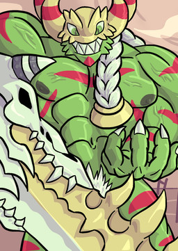 abs armor beckoning biceps big_muscles bone claws front_view gesture green_eyes hair headgear helmet holding_melee_weapon holding_object holding_sword holding_weapon horn huge_sword looking_at_viewer male male_humanoid melee_weapon muscular muscular_humanoid muscular_male nipples not_furry nude pecs pubes pupils sharp_teeth simple_background skull slit_pupils solo standing sword teeth weapon arvinganancialart bandai_namco digimon digimon_(species) humanoid monster ogre titamon 2017 digital_media_(artwork) hi_res source_request