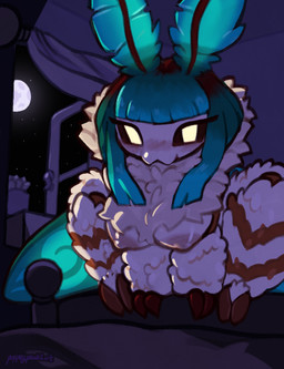 :3 anthro areola bed blue_hair blush breasts detailed_background female female_anthro first_person_view fluffy_fur furniture glowing glowing_eyes hair light looking_at_viewer moon night nipples nude nude_anthro nude_female sitting puppeypawbs arthropod insect lepidopteran moth 2026 hi_res lighting