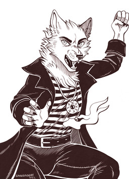 5_fingers anthro belt bottomwear claws clothed clothing corruption fangs finger_claws fingers fur humanoid_hands jacket jewelry male medallion necklace open_mouth pants pattern_clothing pattern_shirt pattern_topwear shirt solo striped_clothing striped_shirt striped_topwear stripes teeth tongue topwear snowsnow11 canid canine canis mammal wolf 2022 black_and_white hi_res monochrome signature sketch