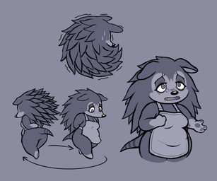 anthro apron apron_only bodily_fluids clothing crying curled_up ears_down fangs female hands_behind_back looking_down mostly_nude pivoted_ears shaking solo sweat sweatdrop tears teeth walking guywiththepie animal_crossing nintendo sable_able eulipotyphlan hedgehog mammal 2022 6:5 greyscale monochrome
