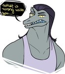 anthro black_hair clothing hair male muscular muscular_anthro muscular_male sharp_teeth shirt solo tank_top teeth topwear inkyraptorwings disney star_vs._the_forces_of_evil toffee_(svtfoe) lizard reptile scalie septarian