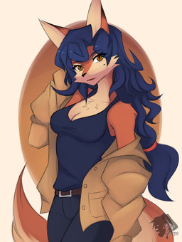 anthro belt blue_clothing blue_eyebrows blue_hair blue_topwear bottomwear breasts cleavage clothed clothing collarbone eyebrows female fully_clothed fur fur_tuft hair lips looking_at_viewer multicolored_body multicolored_fur orange_body orange_ears orange_fur red_lips solo topwear tuft skyversa sly_cooper_(series) sony_corporation sony_interactive_entertainment sucker_punch_productions carmelita_fox canid canine fox mammal absurd_res hi_res