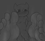 5_toes big_feet blush bodily_fluids feet foot_focus foreskin genitals horn huge_feet humanoid_genitalia humanoid_penis hyper hyper_feet male musk penis soles solo sweat toes seniorseasalt deimos demon imp absurd_res grey_theme hi_res monochrome sketch