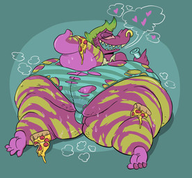 4_toes anthro big_butt bodily_fluids bong butt clothing drugs facial_piercing feet female floating_heart food green_hair hair heart_symbol huge_butt huge_hips huge_thighs messy_hair nose_piercing obese obese_anthro obese_female overweight overweight_anthro overweight_female panties partially_clothed_anthro partially_clothed_female piercing pizza pizza_slice purple_body sharp_teeth shirt smoking smoking_bong solo stripes sweat sweaty_butt sweaty_legs sweaty_tail sweaty_thighs tail teeth thick_tail thick_thighs toes topwear torn_clothing torn_panties torn_shirt torn_tank_top torn_topwear torn_underwear underwear wide_hips yellow_stripes gulpspooky samira_(agouti-rex) gila_monster helodermatid lizard reptile scalie