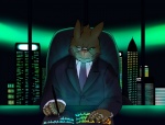 anthro biped city cityscape clothed clothing cybernetics front_view holding_object inside machine male science_fiction sitting solo suit writing_text hysk cyborg mammal restricted_palette