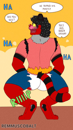anthro bottomwear briefs butt caught clothed clothing crouching embarrassed exposed humiliation male nude pants partially_clothed pink_seam_briefs solo tail torn_bottomwear torn_clothing torn_pants underwear wardrobe_malfunction white_briefs white_clothing white_underwear remmus_cobalt nintendo pokemon fan_character domestic_cat felid feline felis generation_7_pokemon incineroar mammal pokemon_(species) 4k 9:16 absurd_res comic hi_res
