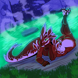 anthro big_butt butt cloud grass green_eyes lagoon lake looking_at_viewer lying male markings nude on_front plant red_body rock sand sky smile solo star steam white_markings parazyte666 electronic_arts respawn_entertainment titanfall prowler_(titanfall_2) 1:1 absurd_res hi_res