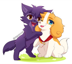 black_body black_nose blue_eyes brown_eyes chibi duo eyebrows feral floppy_ears fluffy_ears front_view head_tuft male on_hind_legs one_eye_closed open_mouth open_smile quadruped simple_background sitting smile teeth tongue tongue_out tuft white_background white_body sunnynoga belfort_and_lupin belfort_(belfort_and_lupin) lupin_(belfort_and_lupin) bird_dog canid canine canis domestic_dog french_spaniel hunting_dog hybrid mammal spaniel wolfdog 2025