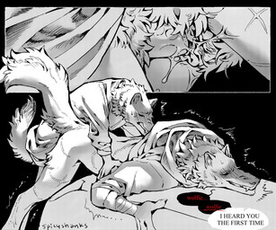 against_surface andromorph andromorph/male andromorph_penetrated anthro anthro_on_anthro anthro_penetrated anthro_penetrating anthro_penetrating_anthro arm_wrapping arm_wraps ass_up black_background blush bodily_fluids bottomless claws clothed clothing cutaway dialogue doggystyle dominant dominant_anthro dominant_male dripping duo emanata eyes_closed fangs fluffy fluffy_tail from_behind_position fur fuzzy genital_fluids genitals grin intersex intersex/male intersex_penetrated intraspecies larger_penetrated leaning leaning_forward looking_pleasured lying male male_penetrating male_penetrating_andromorph male_penetrating_intersex nightgown on_front partially_clothed penetration penis pubes raised_tail scar scars_all_over sex shaking shirt shirt_only simple_background size_difference small_dom_big_sub smile speech_bubble standing submissive submissive_andromorph submissive_anthro submissive_intersex sweat tail teeth text topwear topwear_only tremble_spikes trembling vaginal vaginal_fluids vaginal_penetration vulva wrapped_arms wraps yelling scribbleshanks dreamworks puss_in_boots_(franchise) shrek_(series) big_bad_wolf_(shrek) death_(puss_in_boots) canid canine canis mammal wolf 6:5 comic english_text monochrome shaded trans_(lore) trans_man_(lore)