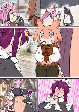 age_difference anthro apology big_breasts black_clothing black_dress blush bodily_fluids breasts cleavage clothed clothing dress eye_contact female flying_sweatdrops furgonomics group happy heart_eyes heart_symbol huge_breasts larger_anthro larger_female larger_human looking_at_another maid_headdress maid_uniform male mature_female orange_body orange_scales pink_body pink_eyes pink_scales question_mark scales size_difference standing sweat sweatdrop tail uniform young young_anthro younger_anthro amano_jack mythology dragon human mammal mythological_creature mythological_scalie scalie comic mother_(lore) mother_and_child_(lore) mother_and_son_(lore) parent_(lore) parent_and_child_(lore) parent_and_son_(lore) son_(lore)