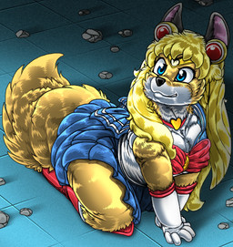 all_fours anthro black_body black_fur black_hair black_nose blonde_hair blue_bottomwear blue_clothing blue_dress blue_eyes blue_skirt boots bottomwear bow_ribbon clothed clothing cosplay costume crown debris dress female floor fluffy fluffy_tail footwear fur gloves gold_(metal) hair hands_on_ground handwear headgear heart_symbol kneeling long_hair looking_up multicolored_body multicolored_clothing multicolored_fur orange_body orange_fur outline red_boots red_clothing red_footwear red_ribbon ribbons rock screencap_redraw shoes skirt solo tail tiara tile tile_floor two_tone_body two_tone_fur white_body white_clothing white_dress white_fur white_gloves white_handwear kitsune_youkai sailor_moon_(series) sailor_moon_redraw_challenge toei_animation firecat canid canine fox mammal red_fox true_fox 2020 digital_media_(artwork) low_res meme shaded