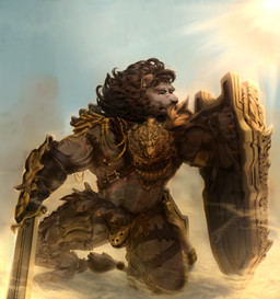 anthro arm_scar armor black_hair chest_scar clothed clothing codpiece day facial_scar front_view grey_body hair holding_melee_weapon holding_object holding_shield holding_sword holding_weapon kneeling male male_anthro melee_weapon mouth_closed multiple_piercings muscular muscular_anthro muscular_male narrowed_eyes navel navel_piercing orange_eyes outside piercing scar shield sky solo sword weapon dust_yang felid lion mammal pantherine hi_res