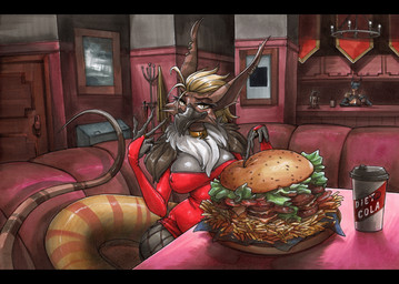 5_fingers anthro biped black_body black_fur blonde_hair breasts brown_body brown_fur burger chest_tuft clothing detailed_background dress duo female fingers food fur hair inside male non-mammal_breasts red_clothing red_dress tuft white_body white_fur yellow_eyes ewgengster mythology dr._sezieren_valdis hart_raspel avian canid canine canis dobermann domestic_dog gryphon hybrid mammal mythological_avian mythological_creature pinscher 2025 absurd_res hi_res traditional_media_(artwork)