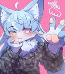 ahoge ambiguous_anthro ambiguous_gender anthro blue_body blue_ears blue_fur blue_hair blue_inner_ear blush camo camo_clothing camo_print camo_topwear cheek_tuft chest_tuft claws clothed clothing face_squish facial_tuft finger_claws fingerpads fluffy front_view fur hair heterochromia highlights_(coloring) humanoid_hands inner_ear_fluff jacket kemono long_hair looking_at_viewer multicolored_body multicolored_fur multicolored_hair neck_tuft pattern_clothing pattern_topwear pawpads pink_background pink_eyes pink_pawpads pupils simple_background slit_pupils small_claws solo squish topwear tuft two_tone_body two_tone_fur two_tone_hair white_body white_fur white_hair white_highlights white_inner_ear_fluff yellow_eyes dok2_mo japan_air_self-defense_force merodon_(jasdf) omaneko_(jasdf) domestic_cat felid feline felis mammal 2023 absurd_res colored digital_media_(artwork) half-length_portrait hi_res portrait shaded