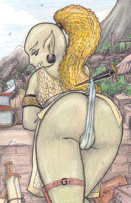 bent_over blonde_hair book bottomwear butt camel_toe clothed clothing cloud dagger detailed_background disembodied_hand duo ear_piercing fantasy female green_body green_skin hair humanoid_pointy_ears knife looking_back melee_weapon nature not_furry outside panties piercing pointy_ears ponytail rear_view ruins skirt sky solo_focus underwear upskirt weapon paul_lucas humanoid orc detailed traditional_media_(artwork)