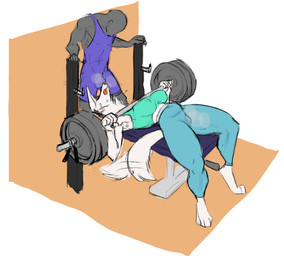 4_toes 5_fingers anthro armpit_hair armpit_tuft barbell bench_press big_breasts bodily_fluids body_hair bra breasts bulge camel_toe clothing detailed_bulge digitigrade duo exercise feet female fingers fur genital_outline looking_down looking_up male male/female muscular muscular_male penis_outline simple_background spandex_legwear spandex_suit sports_bra sportswear steam sweat thick_thighs toes tongue tongue_out underwear weight_bench weightlifting white_body white_fur workout mike_griffon canid canine canis human mammal wolf shaded simple_shading