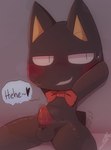 animal_genitalia anthro balls black_body black_fur blush bodily_fluids bow_tie chibi erection fur genital_fluids genitals heart_symbol male penis precum solo sweat sweatdrop text bj_(artist) doko_demo_issho sony_corporation sony_interactive_entertainment kuro_(doko_demo_issho) domestic_cat felid feline felis mammal hi_res