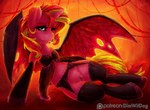 2016 bra clothed clothed_feral clothing demon digital_media_(artwork) dimwitdog english_text equestria_girls equid equine female feral garter_belt garter_straps genitals hair hasbro horn legwear lingerie long_hair mammal membrane_(anatomy) membranous_wings multicolored_hair my_little_pony mythological_creature mythological_equine mythology one_eye_closed patreon patreon_logo patreon_username pussy solo stockings sunset_shimmer_(eg) text translucent translucent_clothing two_tone_hair underwear unicorn website_logo wings