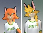 anthro clothing duo female fox_popvli hair looking_at_viewer pigtails ponytail shirt t-shirt topwear virt-a-mate canid canine fox mammal 3d_(artwork) digital_media_(artwork)