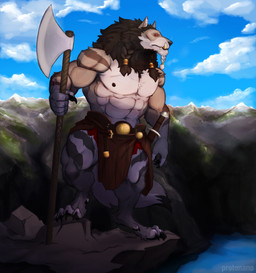 4_toes 5_fingers abs anthro axe barefoot black_mane black_nose bottomwear claws clothed clothed_anthro clothed_male clothing fang_ring fangs feet finger_claws fingers fur grey_body grey_fur hindpaw holding_axe holding_object humanoid_hands loincloth male male_anthro mane muscular muscular_anthro muscular_male navel nipples outside paws solo standing teeth toe_claws toes topless topless_anthro topless_male protonano mjodvitnir canid canine canis mammal wolf hi_res