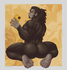 anthro back_muscles barazoku brown_body brown_hair bubble_butt butt dreadlocks electronics feet hair male muscular muscular_anthro muscular_male nude phone prehensile_feet rear_view solo toes hunnipanda ape gorilla haplorhine mammal primate hi_res