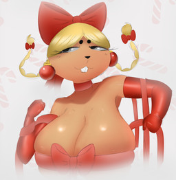 accessory anthro big_breasts blonde_hair bow_ribbon breasts clothed clothing ear_accessory eyeliner female gloves hair hair_accessory hair_bow hair_ribbon half-closed_eyes handwear holidays jewelry makeup narrowed_eyes necklace partially_clothed ribbons smile solo mamasoyanini cartoon_network christmas foster's_home_for_imaginary_friends eurotrish colored