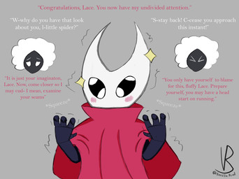 anthro cloak cloak_only clothing dialogue duo female female/female fluffy glistening glistening_eyes grabby_hands shaking simple_background text trembling worried_look vanilla_road hollow_knight:_silksong hollow_knight_(franchise) team_cherry hornet_(hollow_knight) lace_(hollow_knight:_silksong) arachnid arthropod insect spider worm comic english_text hi_res